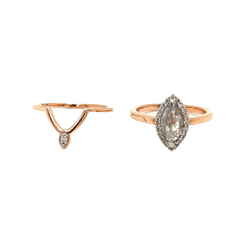 14k Rose Gold Ring with .63ct Salt and Pepper Marquise Center and 21=.17ct with matching band